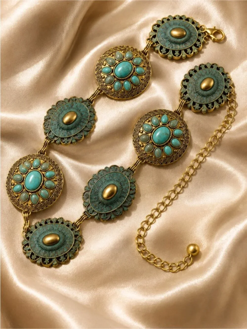 Vintage Turquoise/ blue and Antique Gold Medallion Belt